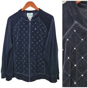 Quacker Factory Black Velvet Jacket Plus 1X Zip Up Casual Quilted Gemstone